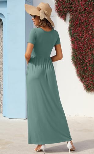 Image of GRECERELLE Womens Summer Long Maxi Dresses 2026 Short Sleeve V Neck Casual Button Dress with Pockets