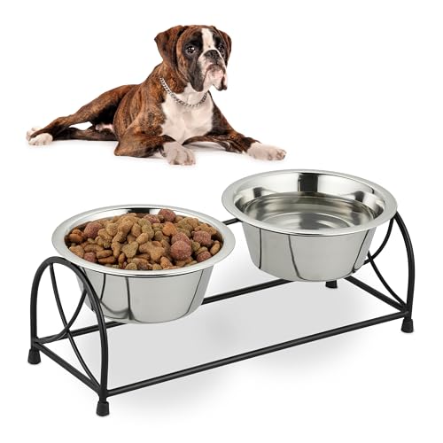 Relaxdays Set Ciotole Rialzate per Cani, Alzatina con 2 Scodelle in Acciaio Inox, 1 Litro, Supporto in Ferro, Nero Argento