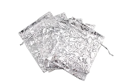 Image of 100 Pack 3.5 x 4.7 Inch Organza Jewelry Gift Pouch B921, White White Flower | Candy Pouch, Drawstring, Wedding Favor Bags