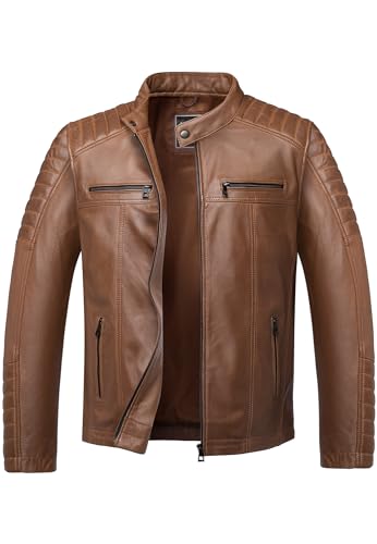 Amaci&Sons Herren Echtleder Jacke Biker Zipper Lederjacke 9104 Cognac XL