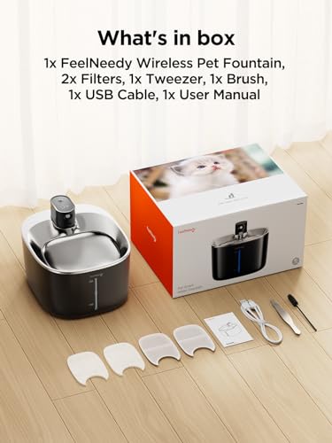 FEELNEEDY 4L Trinkbrunnen für Katze Kabellos mit Sensor Kabelloser Katzenbrunnen Edelstahl mit Bewegungsmelder ohne Strom und Akku 4000mAh, 3 Modi, Leiser Pumpe und 2 Filter, Schwarz
