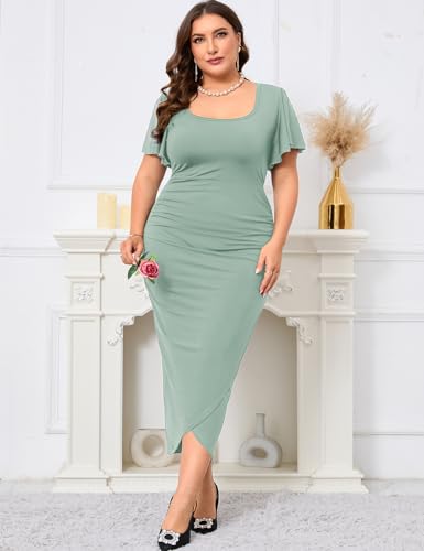 Image of ZOMVA 2024 Plus Size Cocktail Dress Comfortable Bell Sleeves Wedding Guest Square Neck Semi Formal