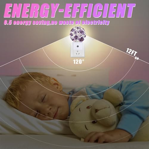 Image of Purple Flower Night Light Watercolor Floral Night Lights LED Lamp Round Plug into Wall Nightlight with Dusk to Dawn Sensor Home Hallway Stairway Kitchen Decor