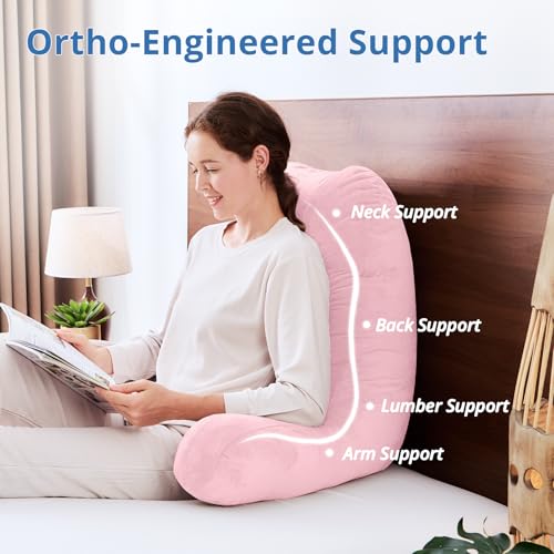 Image of Sasttie Reading Pillow for Bed, Back Pillow for Sitting Up, Pink | 25 inch Backrest Support Cushion for Couch, Sofa, and Floor, Dorm Essentials, OEKO-TEX, Adjustable Down Alternative Fill
