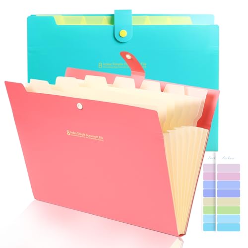 Yolistar 2 Piezas Carpeta para documentos A4,Carpeta expandible A4,8 bolsillos con etiquetas de colores,carpetas para oficina,Portátil Organizador para escuela, oficina y hogar(rojo y azul)