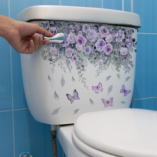 2 Blätter Lila Blume Aufkleber Pflanze Rose Schmetterling Deckel Abziehbilder Selbstklebend Badezimmer Wanddekoration Deckel Abziehbilder WC Zubehör