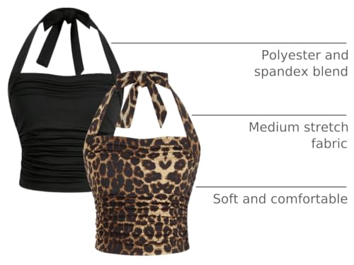 Image of SOLY HUX Girl's 2 Piece Halter Tank Top Leopard Print Ruched Tie Backless Sleeveless Y2k Tops