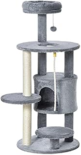PawHut Cat Tree Tower for Indoor Cats 112cm Climbing Kitten Activity Center with Jute Scratching Post Perch Hanging Ball Toy Teasing Rope Dark grey