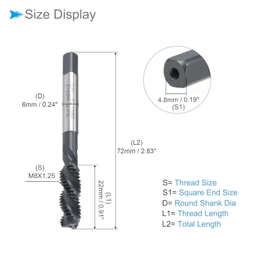 CoCud Spiralnut-Gewindebohrer, M8X1.25 Gewindegröße, Nitridbeschichteter HSS-Gewindeschneidwerkzeug - (Anwendungen: zur Bearbeitung von Löchern und klebrigen Materialien)