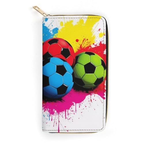 CWECVWE Long PU Zipper Wallet, Travel Purse Fashion Design, Huge Storage Capacity Wallet, Cute Decor Purse For Men And Women Splash Ink Colorful Paint Football Soccer Ball
