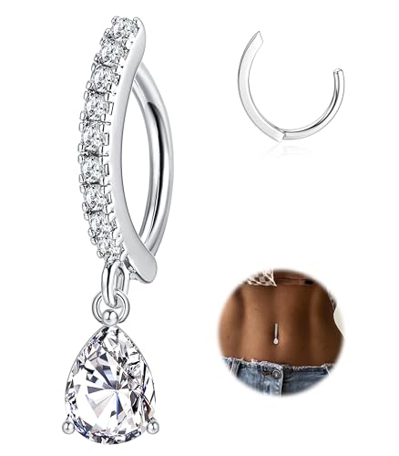 FIBO STEEL 14G Clicker Belly Rings 316L Surgical Steel Dangle Belly Button Ring CZ Teardrop Pendant Navel Rings Barbell Body Piercing Jewelry