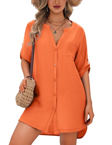 Image of Ekouaer Bathing Suit Cover Up for Women V Neck Button Down Swimsuit Coverup Beach Dress Shirt S-3XL