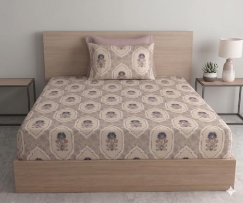 Image of DECOMIZER Cotton Feel All Around Elastic Fitted Glace Printed Single Bed Bedsheet with 1 Large Pillow Cover Fits Upto Mattress of 6 Inches,Size - 42 x 75 x 8 Inches, Beige Vase Flower