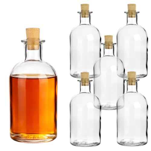 gouveo 6er Set Glasflaschen 250 ml Apotheker mit Korken (SK) - Runde Apotheker Flasche zum Befüllen und Verschenken (AFRT250SK)