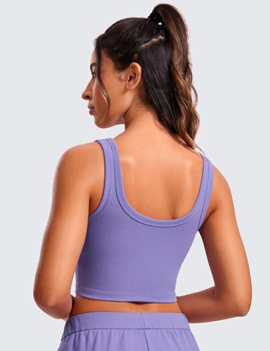 Image of CRZ YOGA Ribbed U Neck Crop Tank Tops | Medium Support, Removable Pads, Casual, Wide Straps, Longline Sports Bras for Women