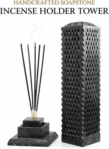 Image of Black Marble Agarbatti Stand for Pooja | Handcrafted Soapstone, Jaali Design Burner, Holds 5 Sticks, Ash Catcher, 3x3x11 Inches
