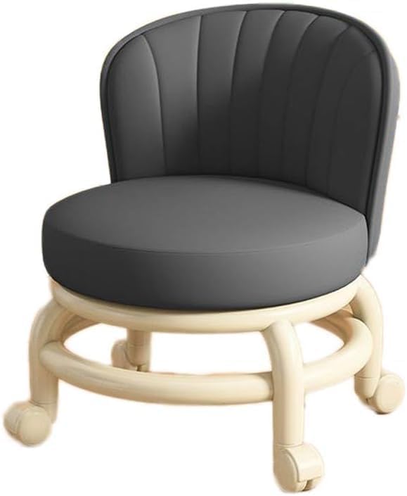 Jukmen Universal Wheel Small Stool, Low Rolling Stool, PU Leather Roller Seat with Backrest & Swivel Wheels for Home Office Men Wemen Girl Shop Salon Kitchen Garage (Dark Grey)