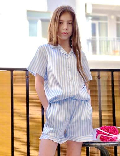 Image of Arshiner Girls Pajamas Silk Satin Pajama Set Button Pjs Ruffle Sleepwear