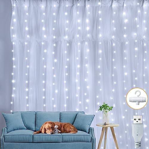 ZeMu Curtain Fairy Lights Indoor Outdoor, LED Waterfall String Lights with Hooks, Waterproof Copper Wire Hanging Window Lights USB for Bedroom Wall Outside Decorations