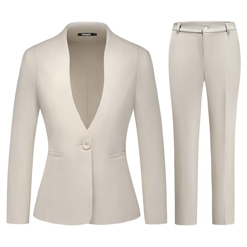 Lamgool Womens Pant Suit 2 Pieces Business Casual Outfits Lady's Blazer Jacket and Pants Set for Work (Beige, Medium)