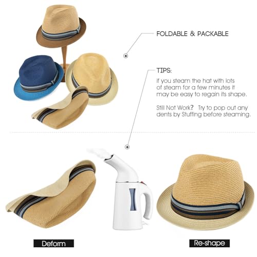 Image of Comhats Oversize XL XXL Mens Summer Straw Fedoras Sun Hats Panama Derby Packable 57-64cm 22.4 inch-25.2 inch 7 1 /8-8