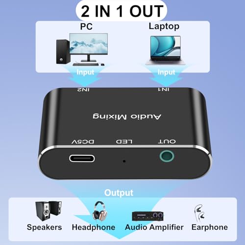 Image of 2 Channel Stereo Audio Mixer - 3.5mm Audio Mixer,Aluminum Shell - 3.5mm(1 /8in) A udio Interface Support 2 In 1 Out Mini Stereo Sound M ixer with 3.3FT Audi o Cables - For PC, Phone, Headphones, Laptop