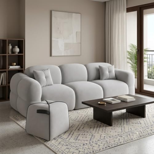 Image of FURNY Luxury Nimbus 3 Seater + Suri Pouf Sofa Set for Living Room | Boston Fabric Upholstered | Modern Cushioned Comfortable Couch for Home Office & Drawing Room | Light Grey