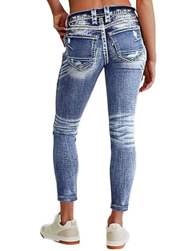 Flamingals Women's Mid Waisted Button Fly Straight Leg Front Jeans Topstitching Ripped Casual Denim Pants3