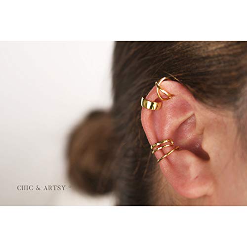 Ear Cuffs Gold Plated 925 Sterling Silver Fake Ear Cuffs Non Piercing Ear Conch Clip On Cartilage Earrings For Women Men | 4 Various Styles #TOP1
