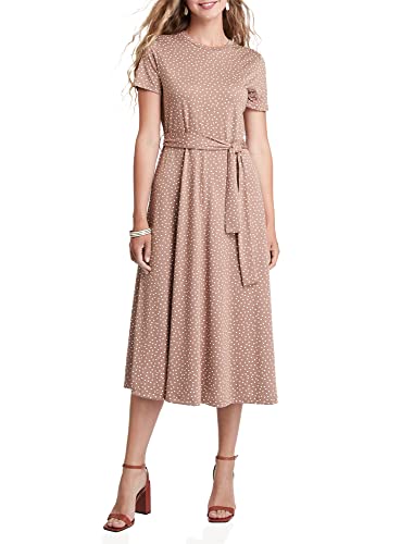 oodji Ultra Mujer Vestido Midi de Viscosa con Cinturón, Beige, ES 36 / XS