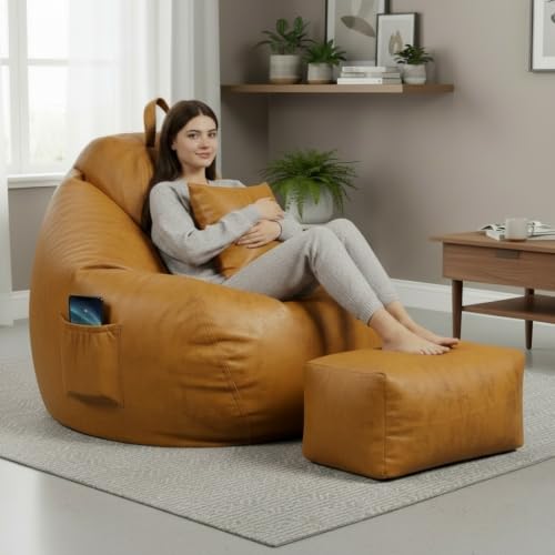 Image of KAM'S LIEU 4XL Suede Bean Bag Chair with Footrest & Cushion | Filled with High Density Polystyrene Beans | Premium Soft Fabric | Teardrop Design with Handle | Ready to Use Color- (Yellow, Bean Bag)