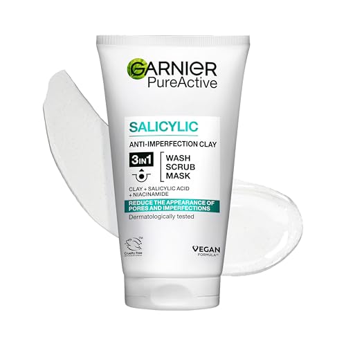 Garnier Pure Active 3in1 Clay Mask-Wash-Scrub 150ml, With Clay, Salicylic Acid, and Niacinamide, Face Cleanser For Oily Skin Prone to Blemishes, Eliminate Impurities & Reduce Pores