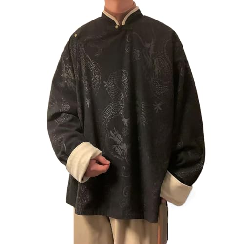 NCDUANSAN Chinese dragon pattern printed jacket, button neck men's autumn retro ethnic style, loose high neck for warmth - Main Image