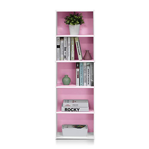 Image of Furinno LUDER Book Shelf, 5-Tier Bookshelf, Bookcase with Open Shelves, 9.4 x 15.8 x 52, Easy Assembly, for Living Room, Bedroom, Home Office, White /Pink