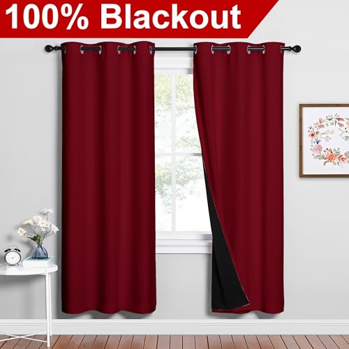 Image of NICETOWN 100% Blackout Window Curtain Panels, Burgundy Red, 2 Pieces, 42-inch Wide Per Panel, Full Light Blocking Drapes with Black Liner for Nursery, 72-inch Drop Thermal Insulated Draperies