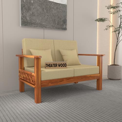 Image of Solid Sheesham Wood 2 Seater Sofa | Modern Wooden Sofa with Upholstered Cushioned Seat & Backrest | Handmade Carved Accent Loveseat for Living Room, Bedroom & Office