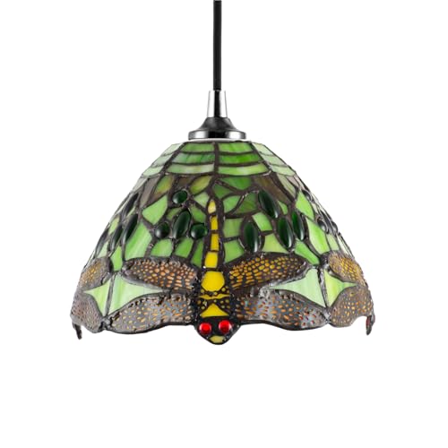 Image of Traditional Dragonfly Themed Green Stained Glass Tiffany Pendant Lighting Shade with Coloured Beads | 20cm x 14cm | 40w Maximum by Happy Homewares