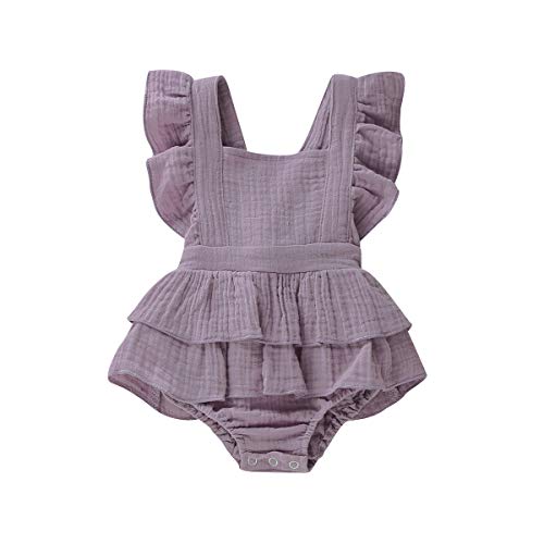 Image of Karwuiio ​Newborn Infant Baby Girl Clothes Cotton Linen Rompers Ruffle One-piece Jumpsuit Bodysuit Summer Clothes (E Purple, 3-6 Months)