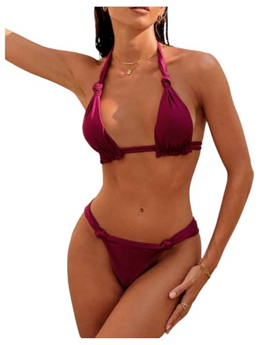 SOLY HUX Bathing Suit for Women Halter Triangle Knot Bikini Set Two Piece Swimsuit