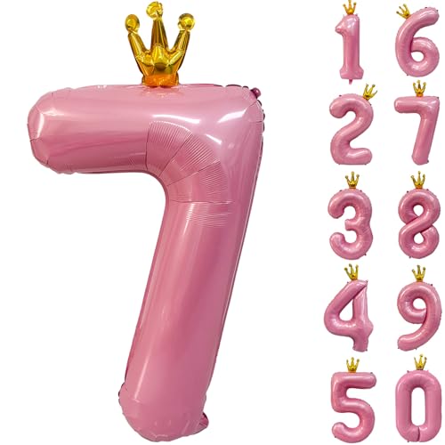 40 inch Pink Number 7 Balloon with Crown, Pink Crown Balloons 0-9 for 7th Birthday Party Anniversary Decorations Supplies