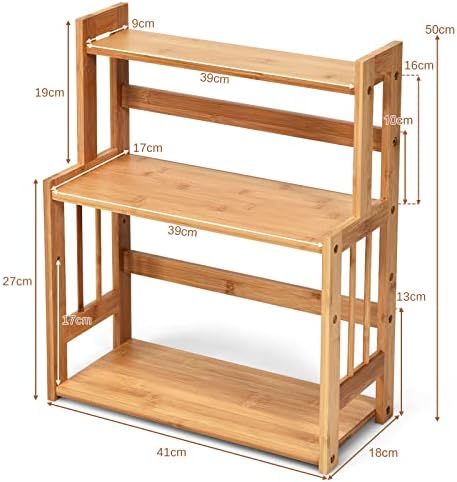 COSTWAY 3 Tier Spice Rack, Freestanding Storage Organizer with Adjustable Shelf, Side Plank and Back Protection Bar, Bamboo Countertop Shelves for Kitchen Bathroom