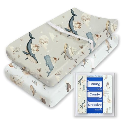 Image of TotBasic Premium Soft Boho Changing Pad Covers for Girls & Boys - Stretchy Jersey Sheets - Fits Standard Changing Tables - 2 Pack (Whale Dreams)