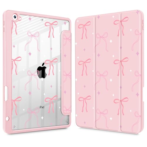 Tuiklol for iPad 10.2 case 2021 Gen 9th Release Built in Pencil Holder - Trifold Stand-Auto Wake/Sleep TPU Protection Stand Clear Back Cover for 2020 2019 [8th/7th] iPad 10.2 Case Pink Bows