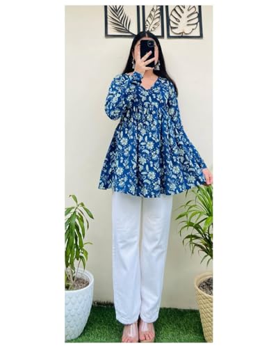 Image of Women's Floral Print Reyon Peplum Top - Casual Loose Fit 3 /4 Sleeve Tunic top, Stylish V-Neck Flared Kurti, Comfortable Everyday Wear