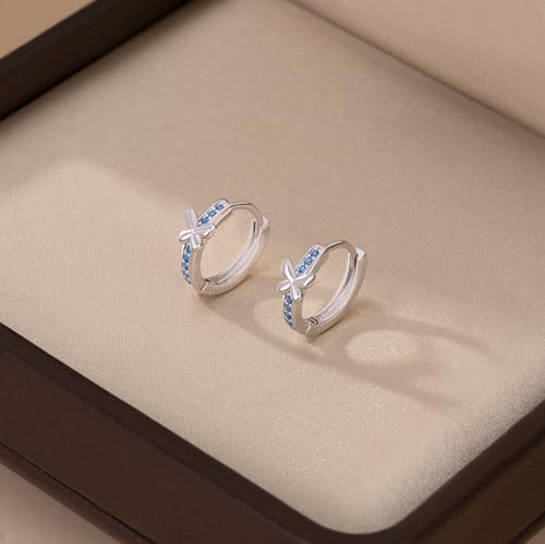 SLUYNZ Solid 925 Sterling Silver Blue CZ Butterfly Earrings Hoop for Women Teens Butterfly Hoop Earrings Huggie4