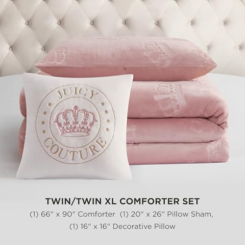 Image of Juicy Couture Plush Reversible Embossed Crown 3-Piece Twin /Twin XL Comforter Set with Decorative Pillow, Light Pink