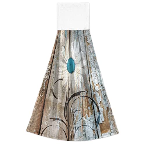 Rustic Daisy Hanging Towels Set 2 Pcs Wood Grain Soft Absorbent Fingertip Towel Dishcloths For Bathroom Washroom Guestroom Kitchen #TOP1