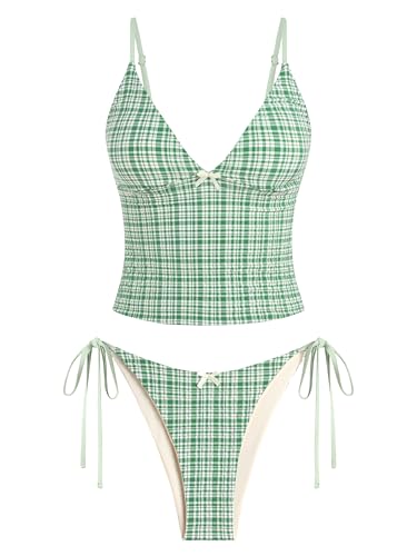 ZAFUL Women's Spaghetti Strap Tankini Swimsuits V Neck Tummy Control Tie Side Thong Bikini Swimsuits 2 Piece Bathing Suits