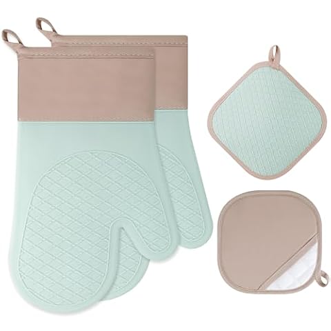 Cozary Zestaw 4 silikonowych rękawic kuchennych, rękawice kuchenne 1 para i 2 uchwyty do garnków, trwałe uchwyty kuchenne do pieczenia, pieczenia, grillowania, pieczenia - jasnozielony
