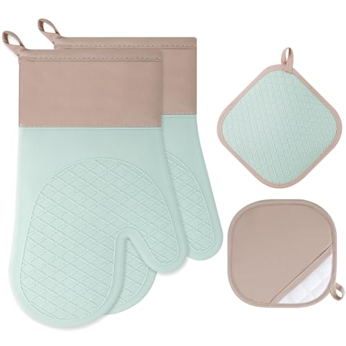 Cozary Set di 4 Guanti da Forno Silicone, Guanti da Cucina 1 Coppia e 2 Presine da Cucina, Resistenti Presine Cucina per Arrostire, Cuocere, Grigliare, Cuocere al Forno - Verde Chiaro
